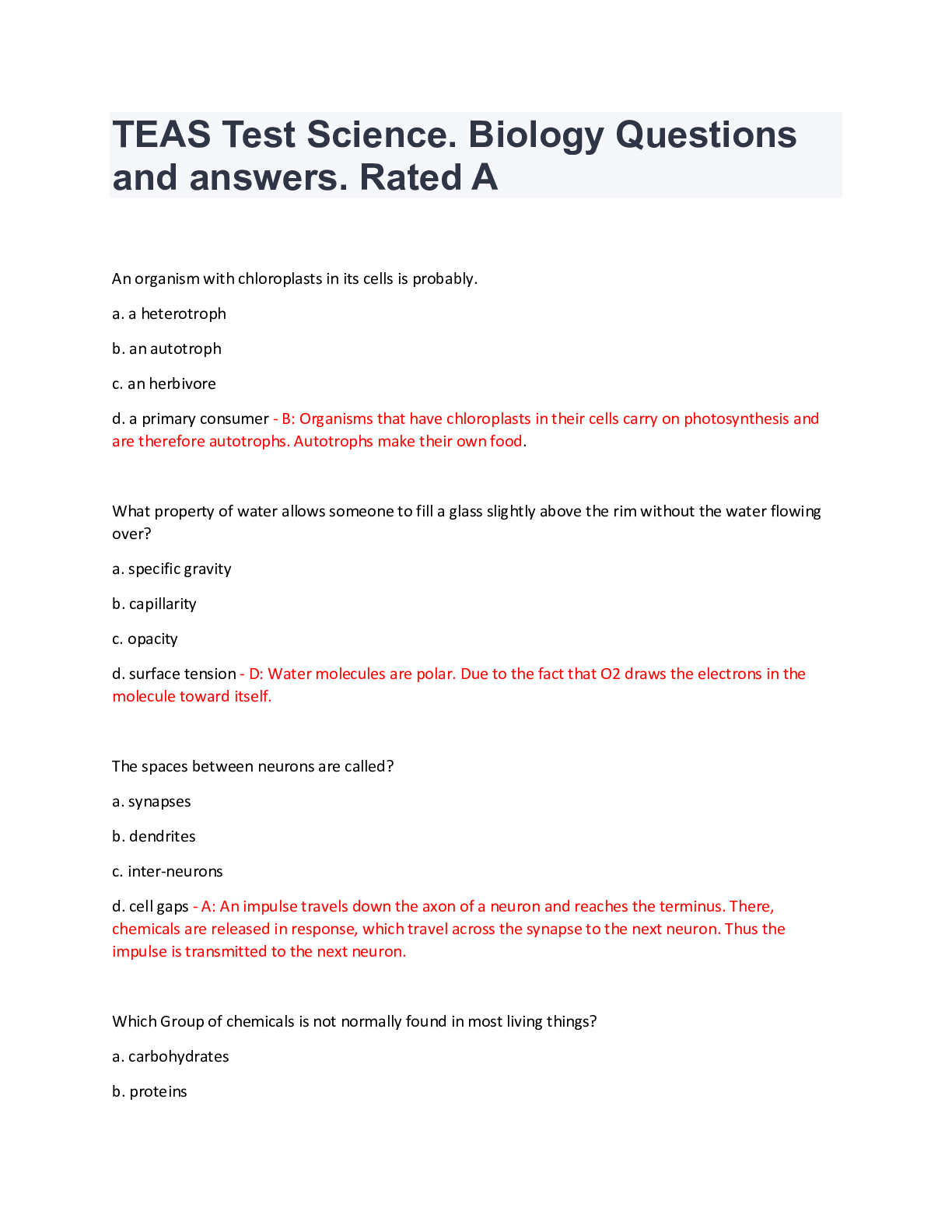 TEAS Test Science. Biology Questions and answers. Rated A Browsegrades
